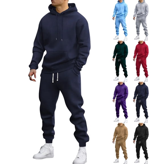 Hearthz Mens Track Suits 2 Piece Set Drawstring Solid Color Y2k Tracksuit Sweatsuit Set Fall Winter Big and Tall Sweatsuits for Men Navy M