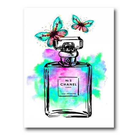 Perfume Chanel Five With Butterflies 8 in x 12 in Painting Canvas Art Print, by Designart