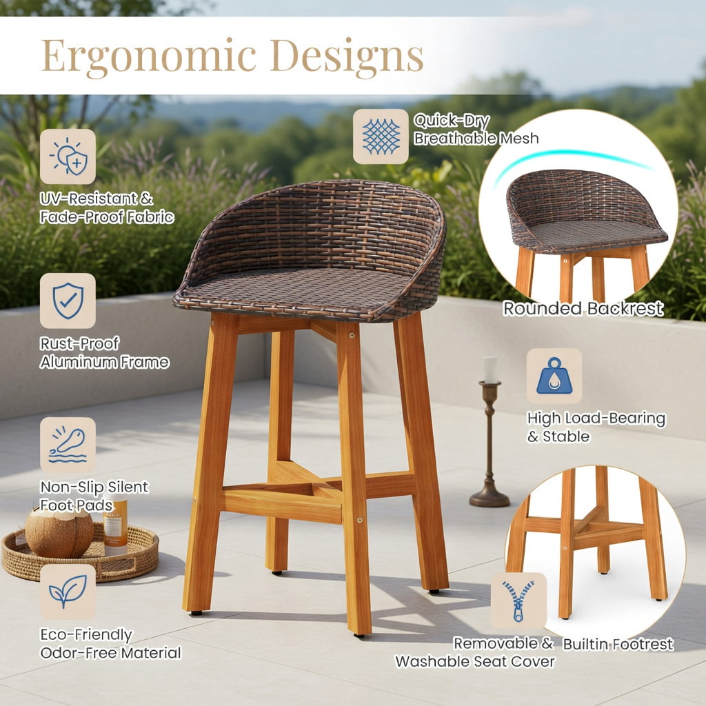 Hommoo 2-Piece Outdoor Bar Chairs Set, PE Rattan & Solid Acacia Wood, Ergonomic Backrest, Footrest, All-Weather Patio Seating, Natural
