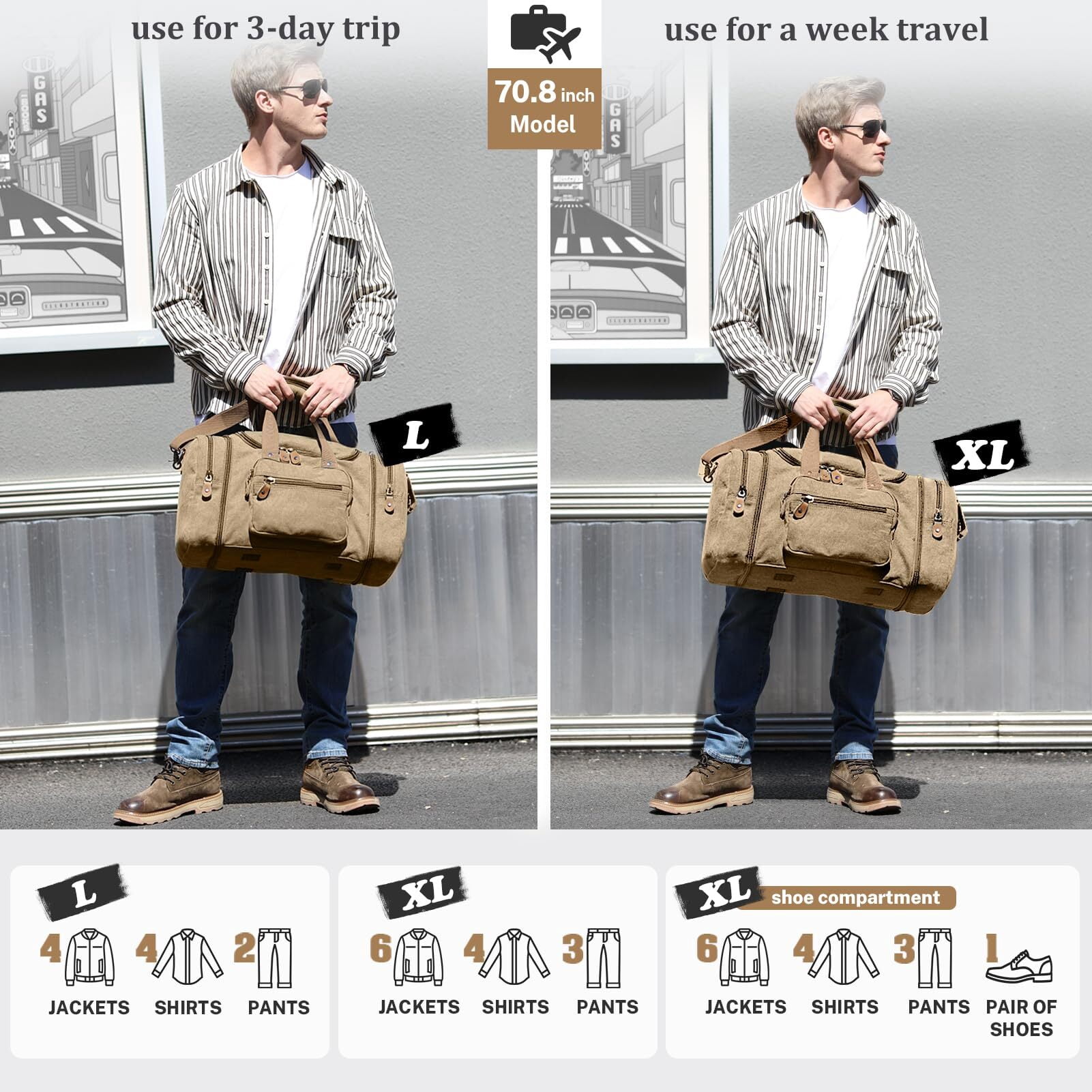 Gonex 60L Canvas Duffel Bags 26" Expandable Travel Overnight Weekender Bag for Men Women