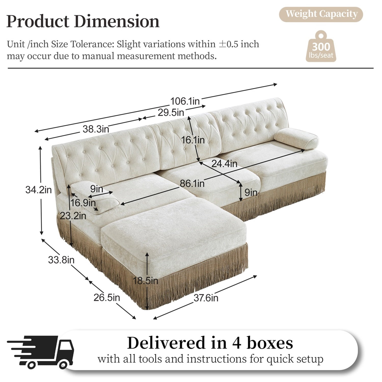 Hommoo 3-Seater Chesterfield Style Velvet Fabric L-Shaped Sectional Sofa, Tufted Button Upholstered Design and Floor-grazing Tassel, Free Combination Sofa Couch Set, for Home, Beige