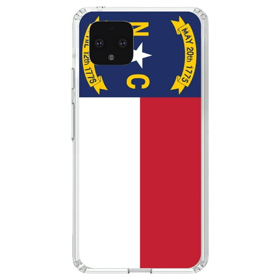 DistinctInk Clear Shockproof Hybrid Case for Google Pixel 4 (5.7" Screen) - TPU Bumper, Acrylic Back, Tempered Glass Screen Protector - North Carolina State Flag - US State Flag