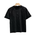 thumbnail image 5 of Skymirror Summer Couple T-shirt Rhinestone Decor Round Neck Plus Size Short Sleeves Loose Pullover Solid Color Mid Length Unisex Daily Top, 5 of 8
