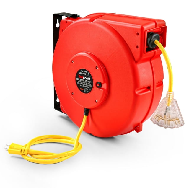 Carrete de cable de extensión ReelWorks retráctil de 12 AWG x 80 pies