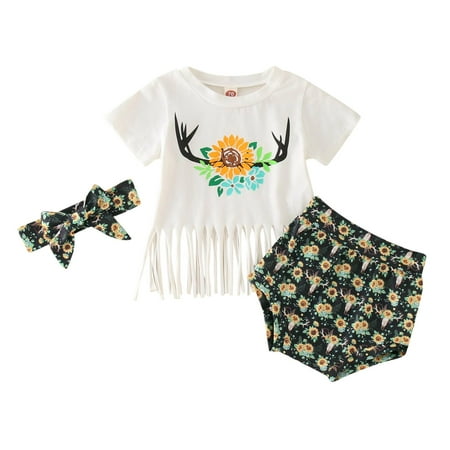 

Little Girls Party Dailywear Sets Sunflower Printed Short Sleeve O-Neck Tassels Shirt Tops Shorts Headbands Outfits Dailywears Comfortable Loose Fittness Sets