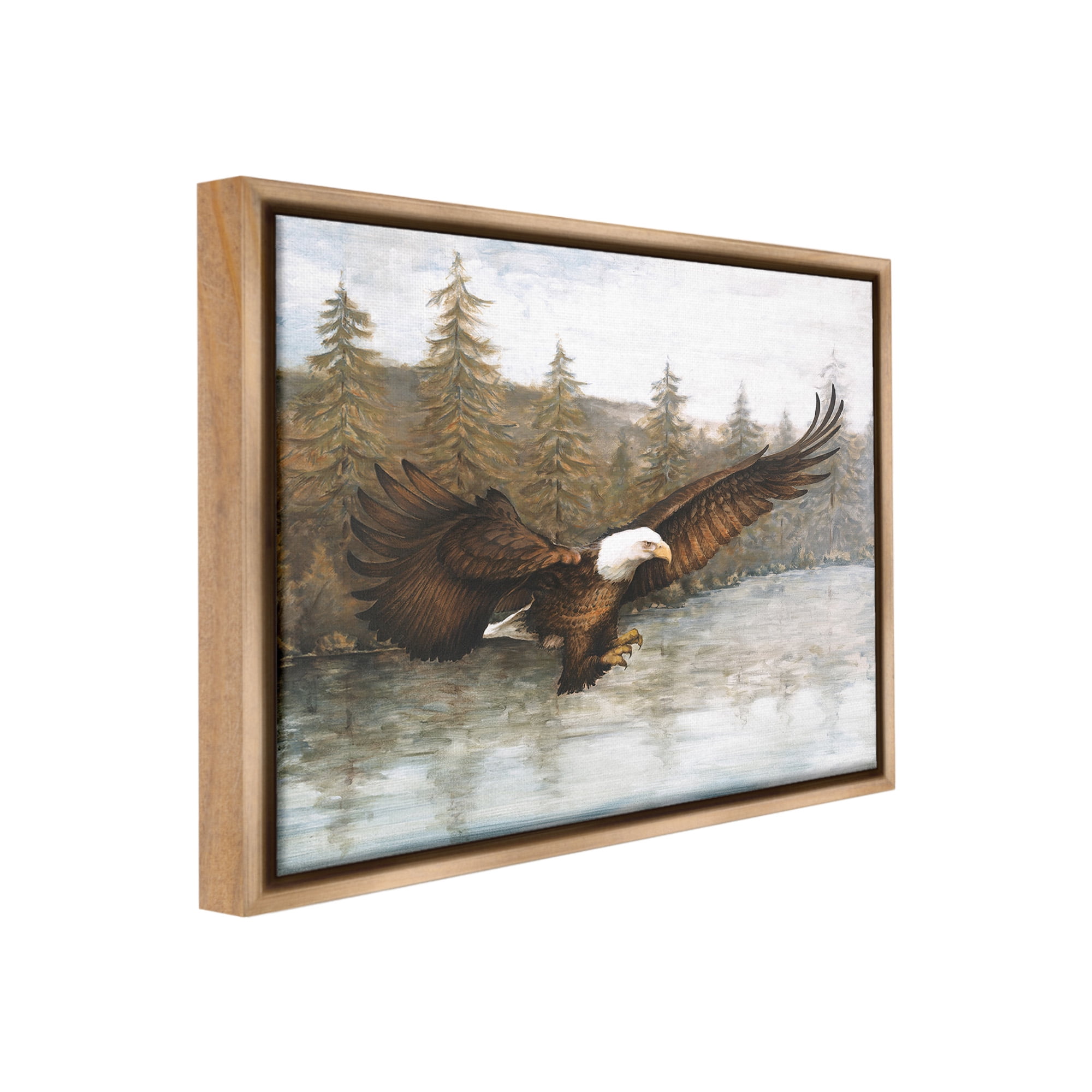 Stupell Industries Flying Eagle over Lake Animals & Insects Painting Brown Floater Framed Canvas Art Print Wall Art, 31 x 25