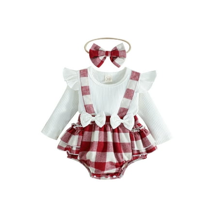 

xingqing 0-18M Christmas Newborn Baby Girl Romper Santa Claus Plaid Long Sleeve Ruffle Bodysuit Onesie Suspender Dress with Headband White Red Plaid 12-18 Months