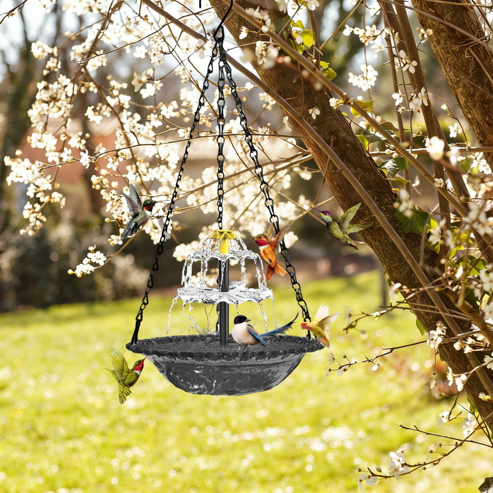 FYHALE Solar Powered Bird Feeder Fountain, Outdoor Garden Floating Bird Bath Feeder with Hanging Design and Solar Pump, Decorative Bird Water Feeder for Patio Yard