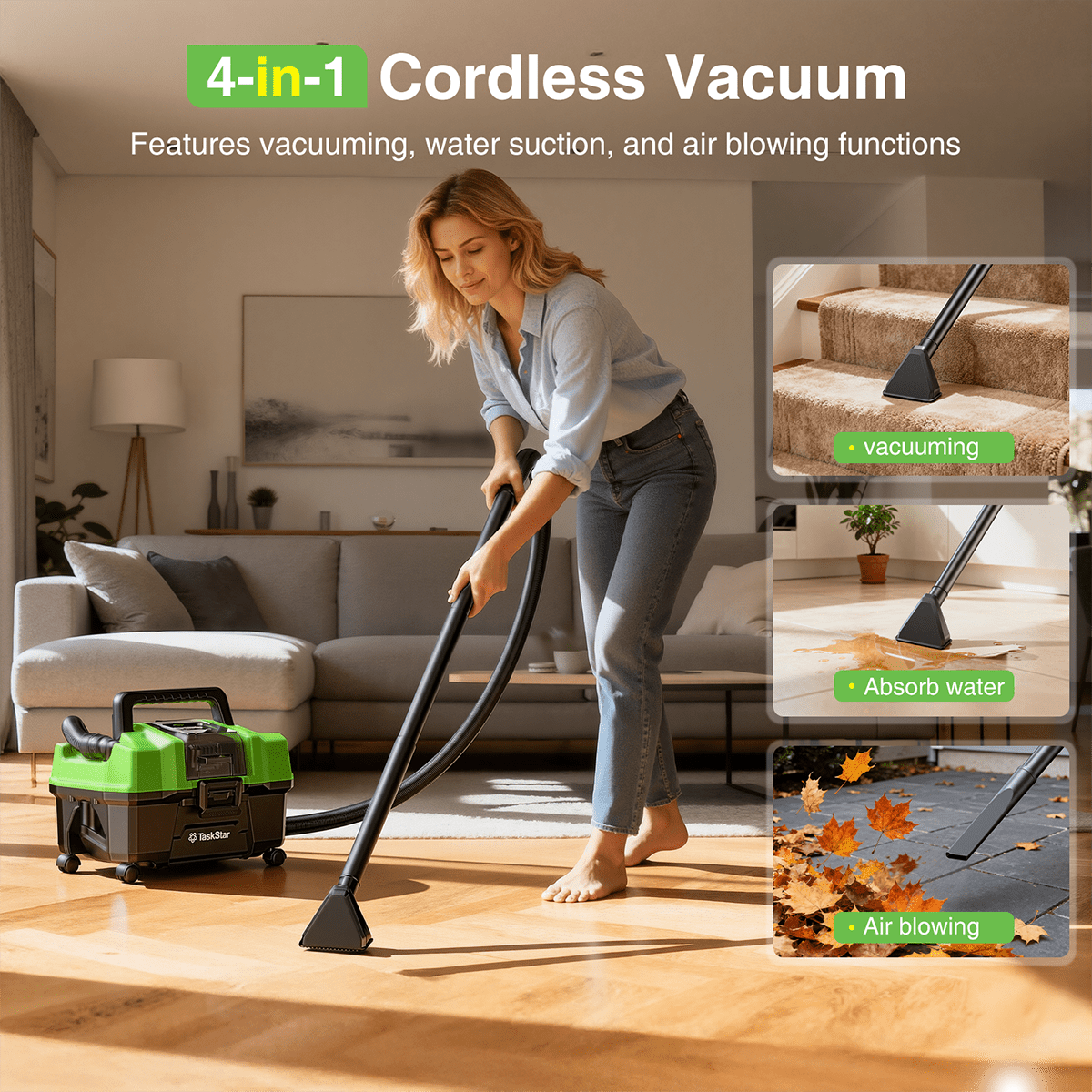 Taskstar 2.6 Gal Brushless Cordless Shop Vacuum Wet Dry with Blower, 2 *4.0Ah Batteries, Strap, 4 Wheels for Garage, Car, Workshop, House