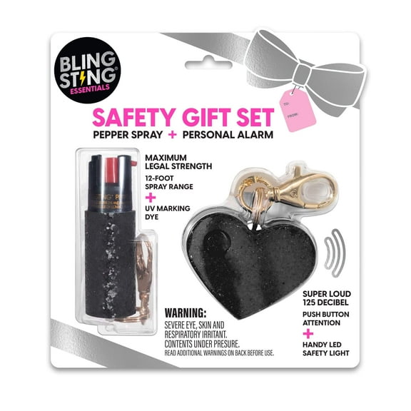 BLINGSTING Essentials Personal Gift Set with Pepper Spray & Safety Alarm for Women, 0.5 oz, Black Glitter