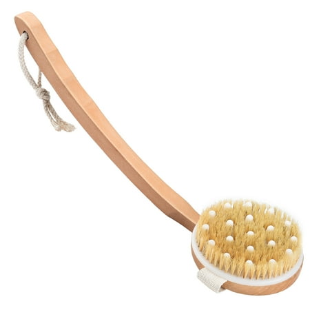 PRETTY SEE Bath Body Brush Exfoliator Boar Bristle with Massage Nodes, Wood Back Brush with Removable Long Handle for
