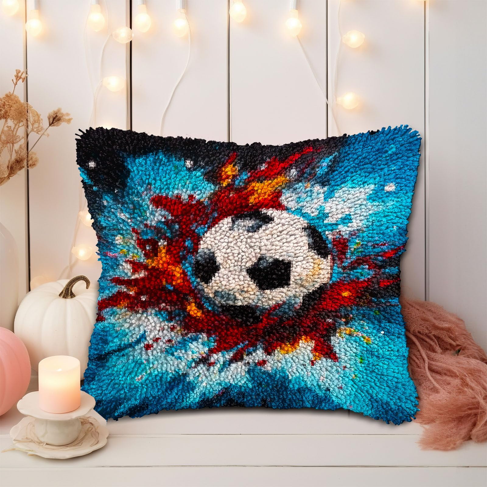 Graffiti Soccer Ball DIY Latch Hook Pillow Kits for Adults Printed Pillowcase Crochet Yarns Hooking Handmade Pillow Cover Cushion for Home Sofa Decoration 17x17inch(1)