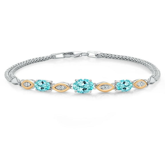 Gem Stone King 925 Silver and 10K Yellow Gold Blue Apatite and White Lab Grown Diamond Bracelet for Women (1.92 Cttw, Gemstone, Oval, Wheat Chain, 6.5 inches)