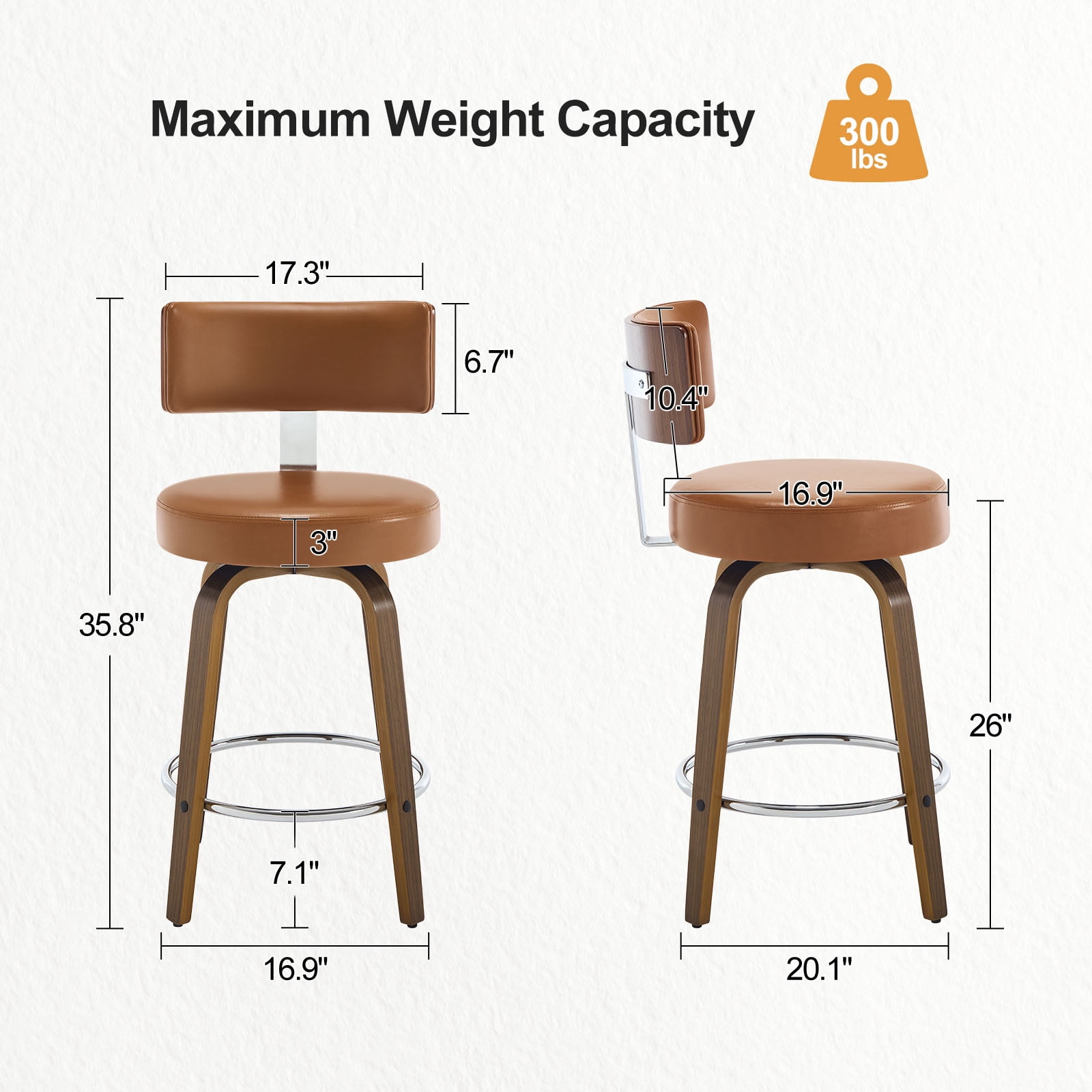 WOOW DEPOT PU Swivel Bar Stools Set of 2, 26" Seat Height Modern Upholstered Bar Chairs w/ Mid-back Round Seat Walnut Legs Leather Island Stools for Kitchen Counter