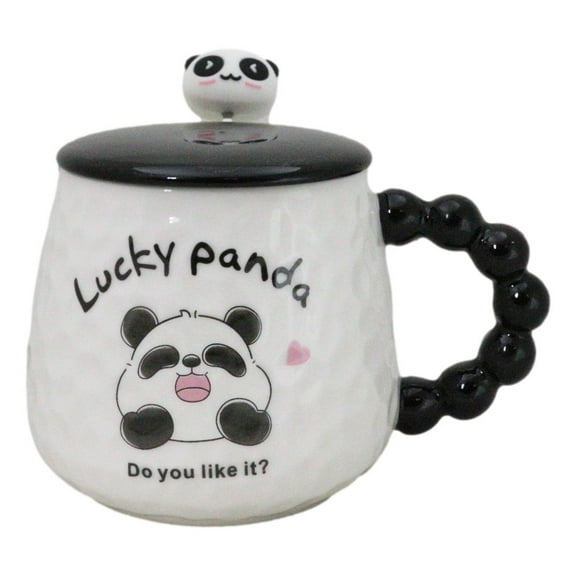 Ceramic Cute Lucky Laughing Panda Bear With Lid And Panda Head Spoon Mug Cup