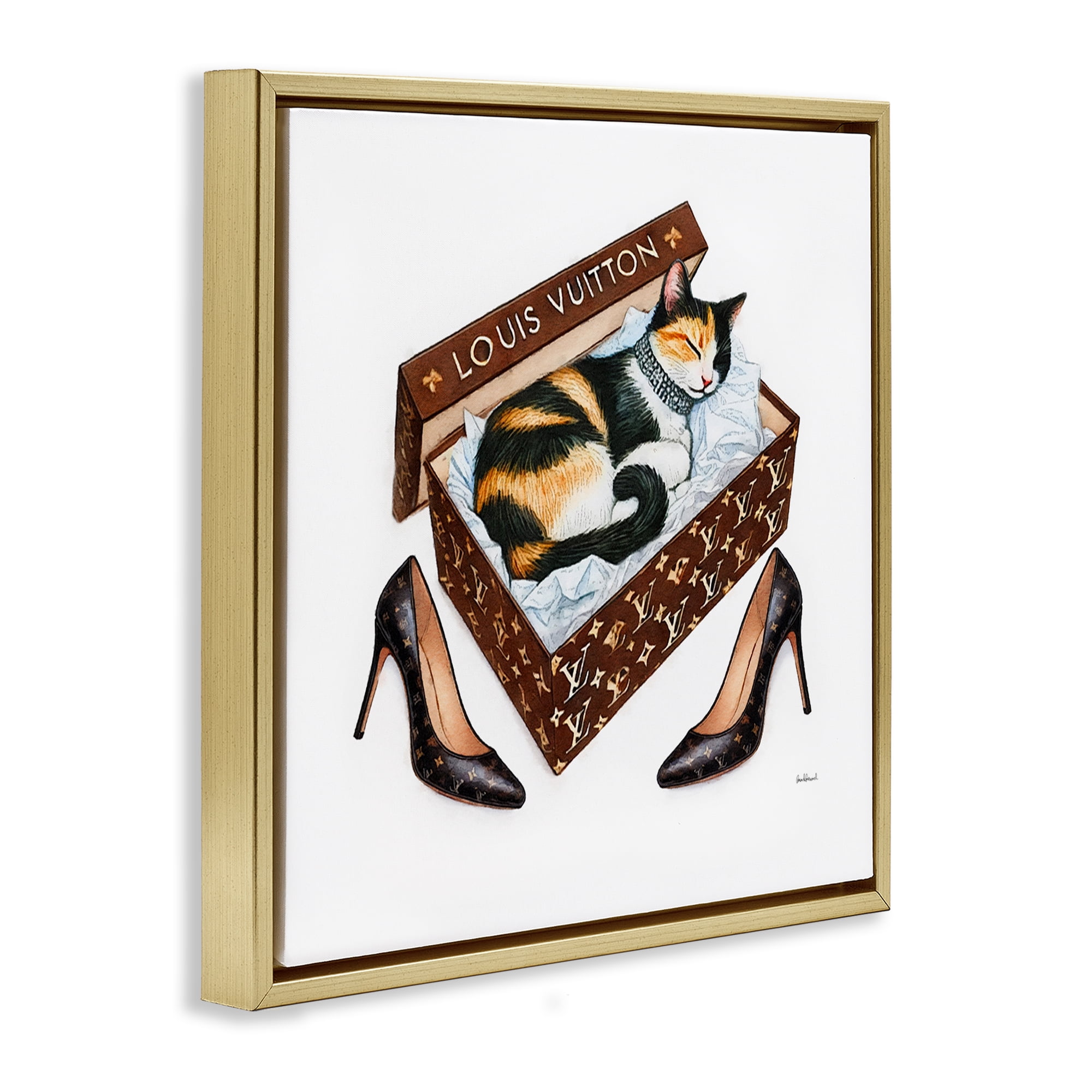 Stupell Industries Kitty Sleeping in Shoebox Animals Painting Gold Floater Framed Canvas Art Print Wall Art, 25 x 25