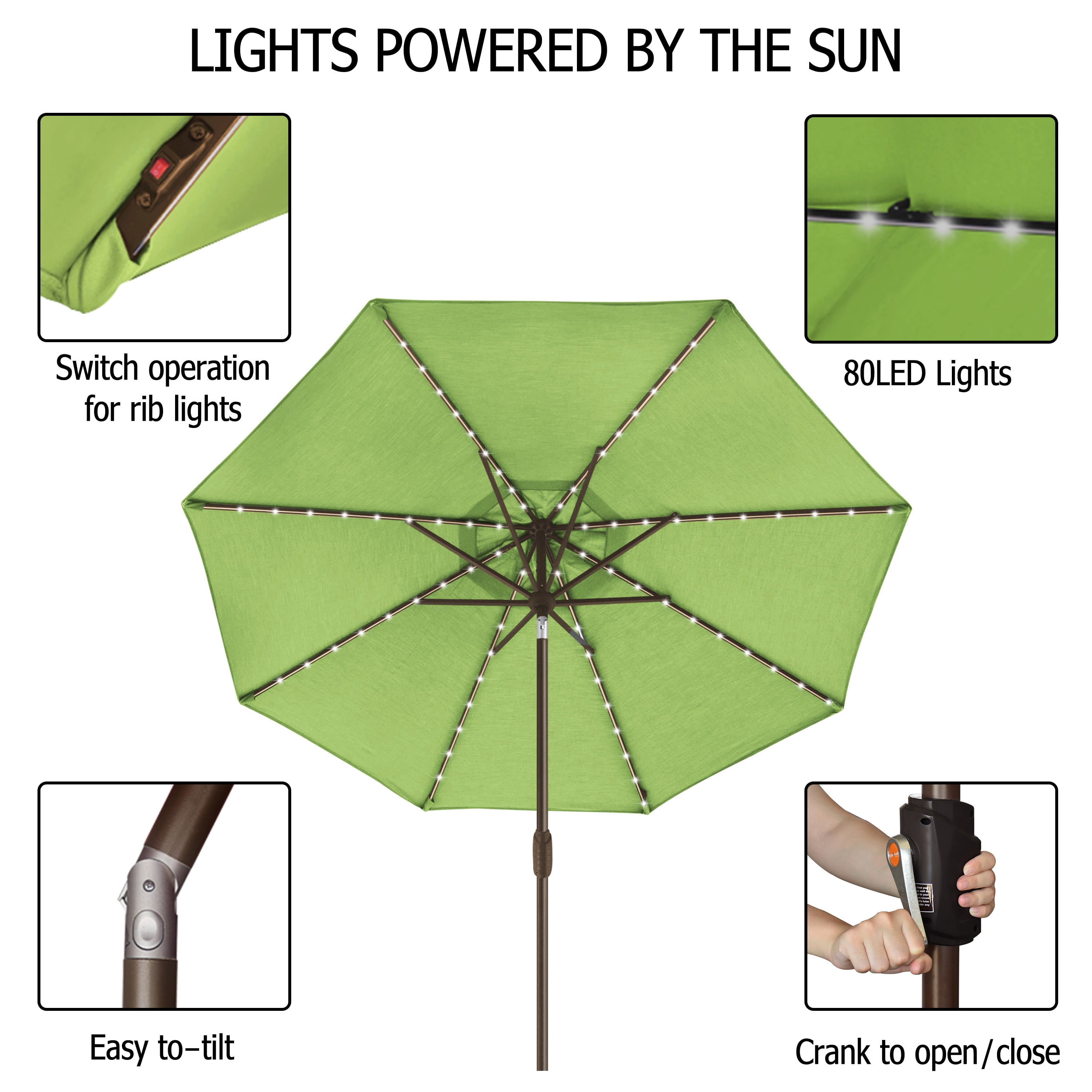 EliteShade Sunbrella Solar Umbrellas 9ft Market Umbrella with 80 LED Lights Patio Umbrellas Outdoor Table Umbrella（Macaw Green）