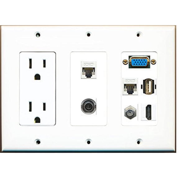 RiteAV - (3 Gang 15A Power Outlet Svga HDMI Coax 2 Cat5e White 3.5mm USB A Wall Plate