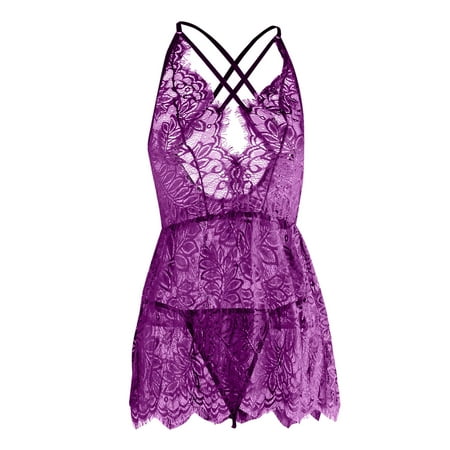 

Cathalem plus Size Lace Camisole And Robe Women Lingerie Strap Backless Dress Lace Waist Nightdress Deal s Today Underwear Purple X-Large