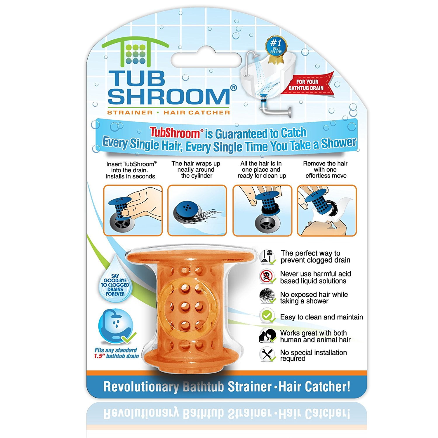TubShroom Revolutionary Hair Catcher Drain Protector for Tub Drains (No More Clogs) Orange