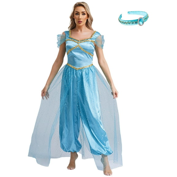 vastwit Womens Belly Dance Jumpsuit Pumpkin Pants with Tulle Overlay and Headband Lake Blue XXL