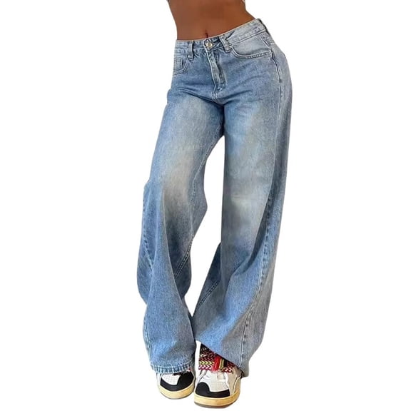 Women Baggy Jeans Mid-Low Waist Boyfriend Streetwear Vintage Jeans Wide Leg Denim Pants 2054 Blue S