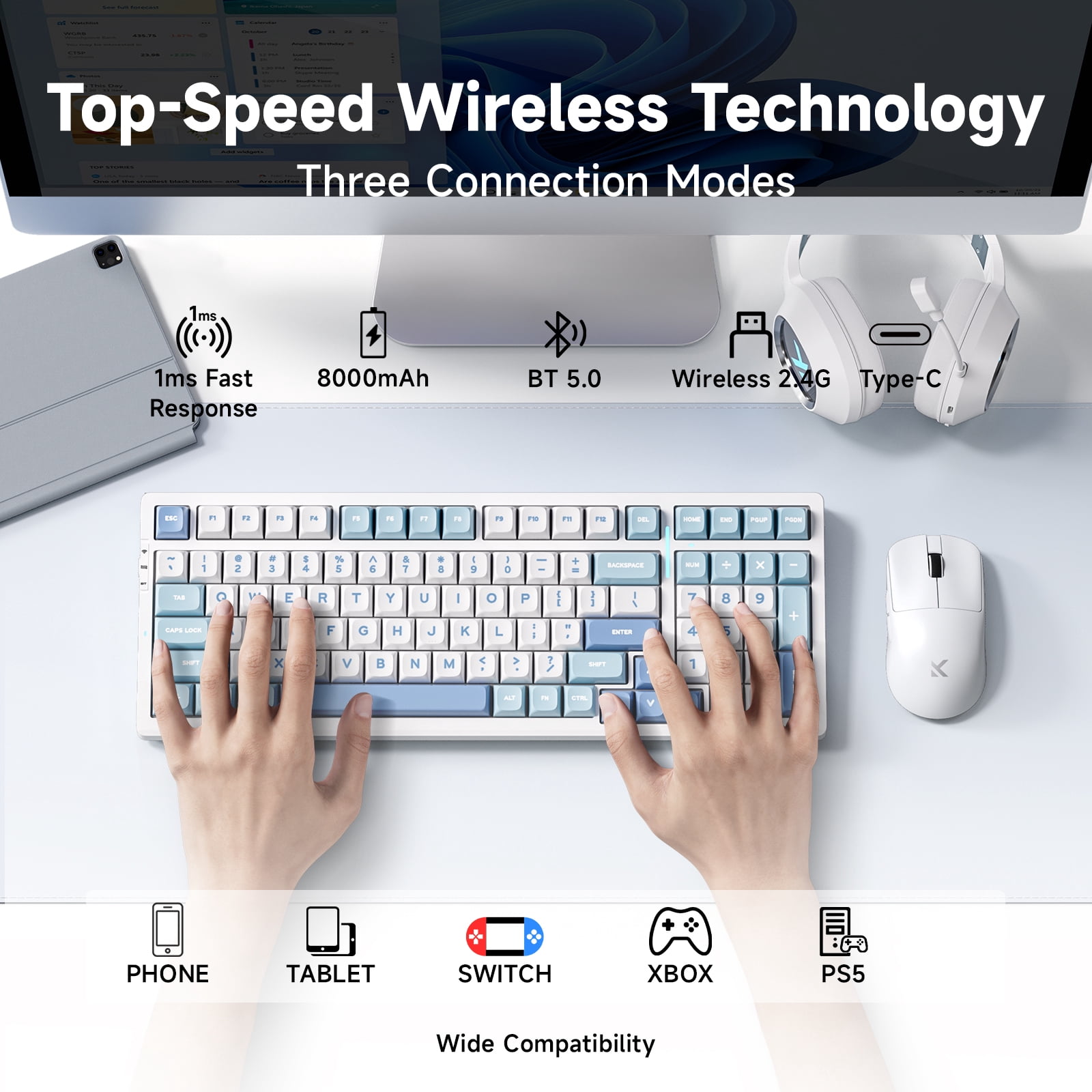 MCHOSE G98 Pro Wireless Mechanical Keyboard, Bluetooth 5.0/2.4GHz/USB-C Hot Swappable Custom Keyboard, Gasket Structure, Double Shot PBT Keycaps, RGB Backlit Gaming Keyboard