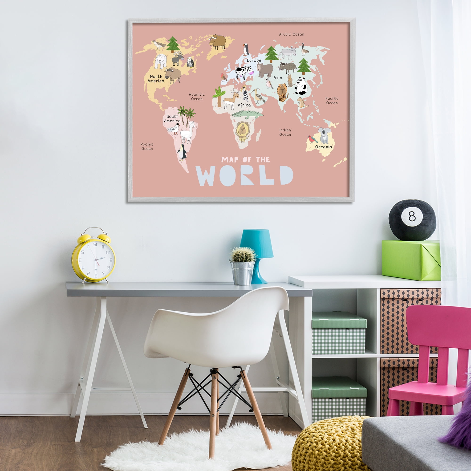 Kid's Map Of World Pink Gray Framed Giclee Art, design by Carla Daly
