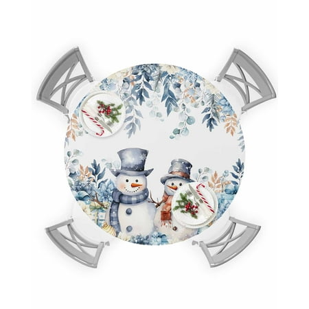 

Round Tablecloth with Elastic Winter Christmas Snowman Blue Poinsettia Floral Leaves Waterproof Table Cover Wipeable Fitted Table Cloths for 55 -60 Round Tables Dining Kitchen Indoor Outdoor Use