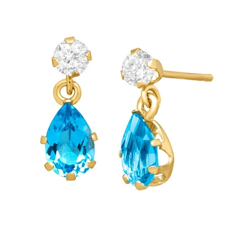 - 1 1/5 ct Natural Swiss Blue & White Topaz Drop Earrings in 10kt Gold