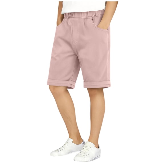 Favoffer Big Boys Stylish Solid Cotton Shorts Elastic Waist Knee Length Sports Short Pants Practical Bottoms With Pockets For Summer Outdoor Fitness 2-12Y