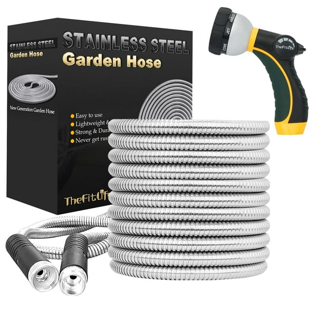 TheFitLife Tuyau de Jardin Flexible en Métal - Design Résistant aux Fuites et aux Éclats, Tuyau d'Eau en Acier Inoxydable avec Raccords Solides et Buse de Pulvérisation, Léger