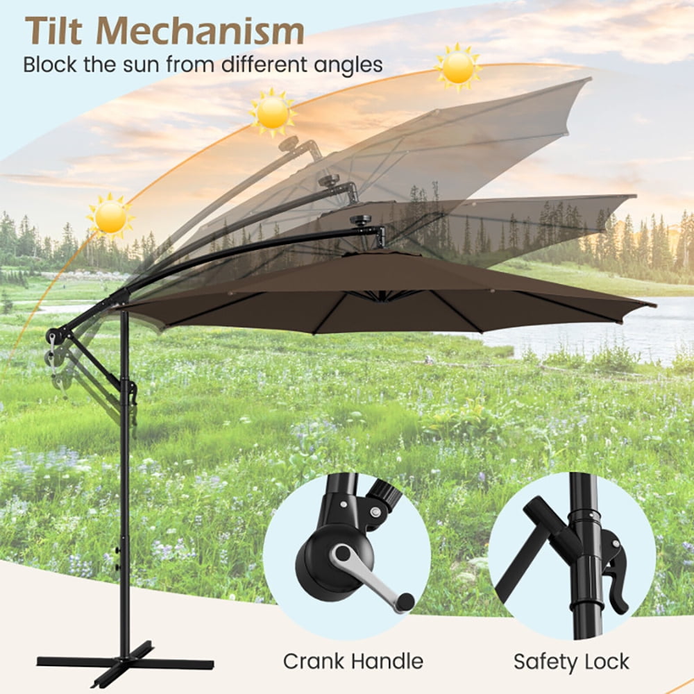 Aimee Lii 10 Feet Patio Offset Umbrella with 112 Solar-Powered LED Lights, Sunbrella Patio Umbrellas, Coffee Aimee Lii 10 Feet Patio Offset Umbrella with 112 Solar-Powered LED Lights, Sunbrella Patio Umbrellas, Coffee