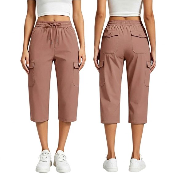 ersvoioy Womens Capri Cargo Pants Solid Color Elastic Waistband Multi Pocket Casual Sport Trousers for Summer Brown XXXL