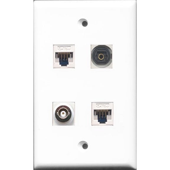 RiteAV 1 Port Toslink and 1 Port BNC 2 Port Cat5e Ethernet White Wall Plate