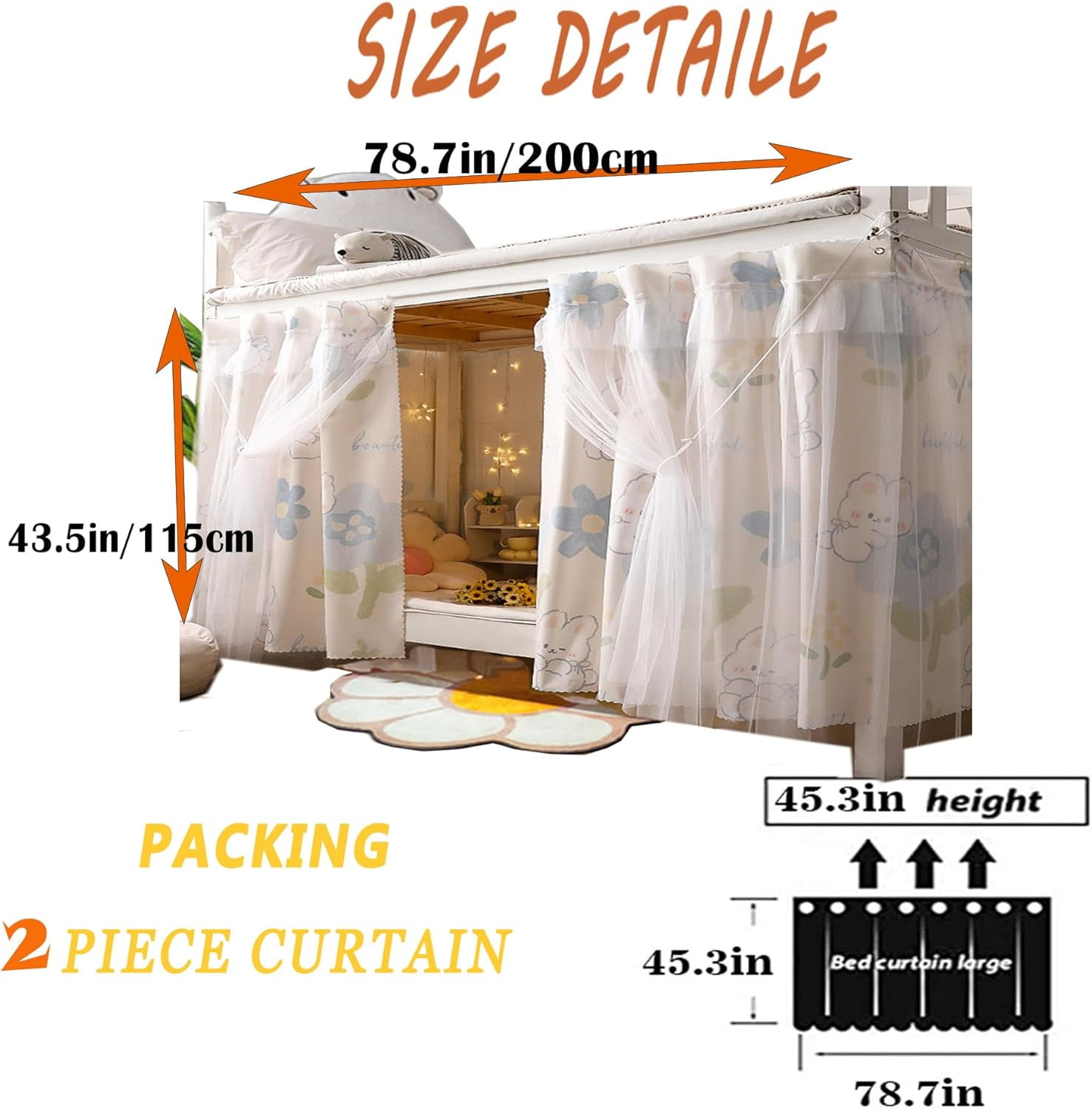 CAILDANL 2 Panels,Bottom Bunk Bed Curtains Cloth Breathable Bed Canopy Students Curtain Shading Nets for Single Bed