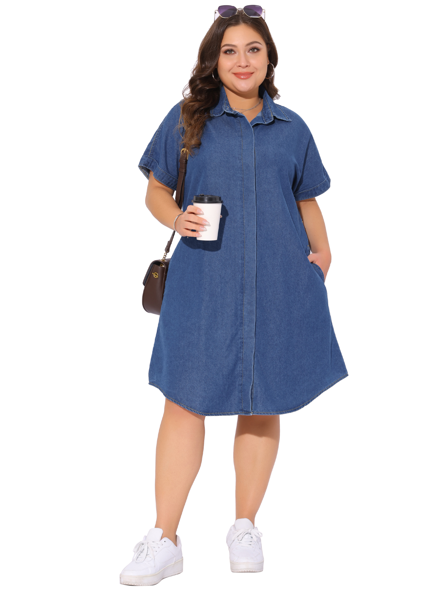 DARING DIVA Women's Plus Size Denim Short Sleeve Button Down Dress 4X Blue