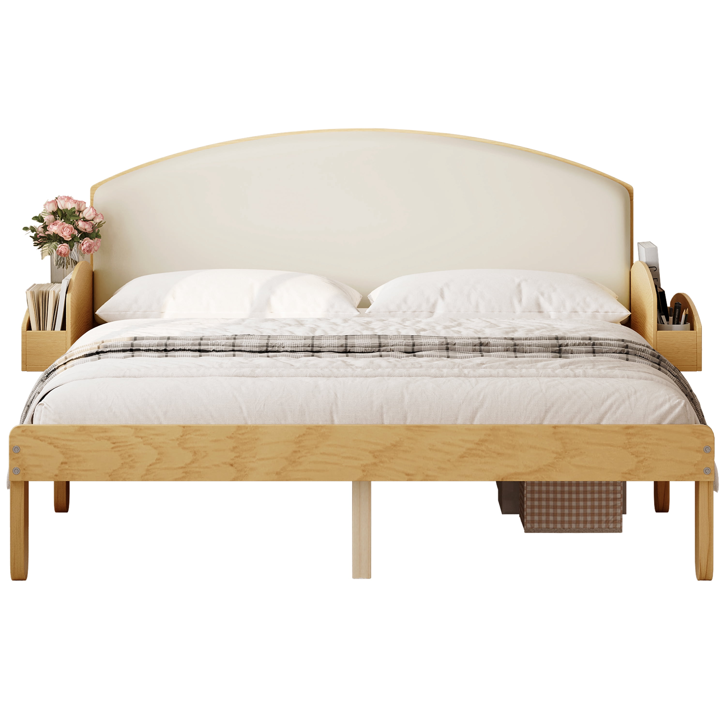 Euroco Full Size Platform Bed with Upholstery Headboard, Wood Bed Frame with Storage Shelves, No Box Spring Needed, Natural
