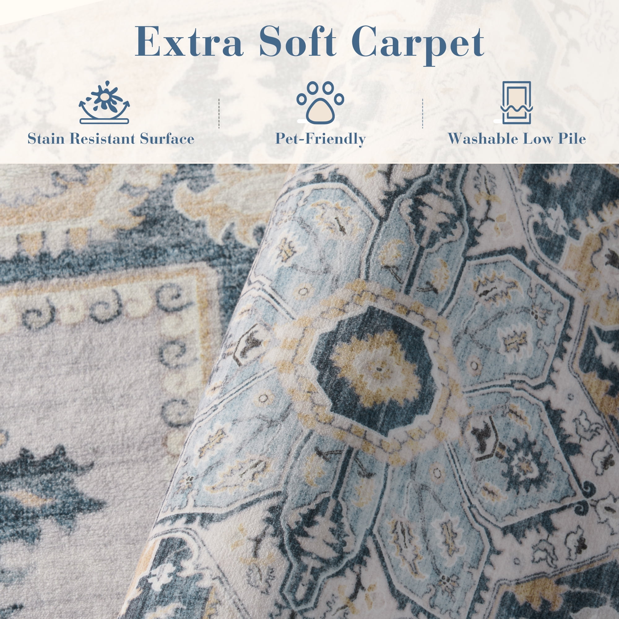 SIXHOME 9'x12' Area Rugs for Living Room Washable Traditional Distressed Carpet Non Slip Soft Retro Floral Indoor Throw Rug for Bedroom Dinning Room Vintage Blue