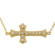 925 Sterling Silver Yellow Gold-Tone Sideways Religious Cross White CZ Pendant Necklace