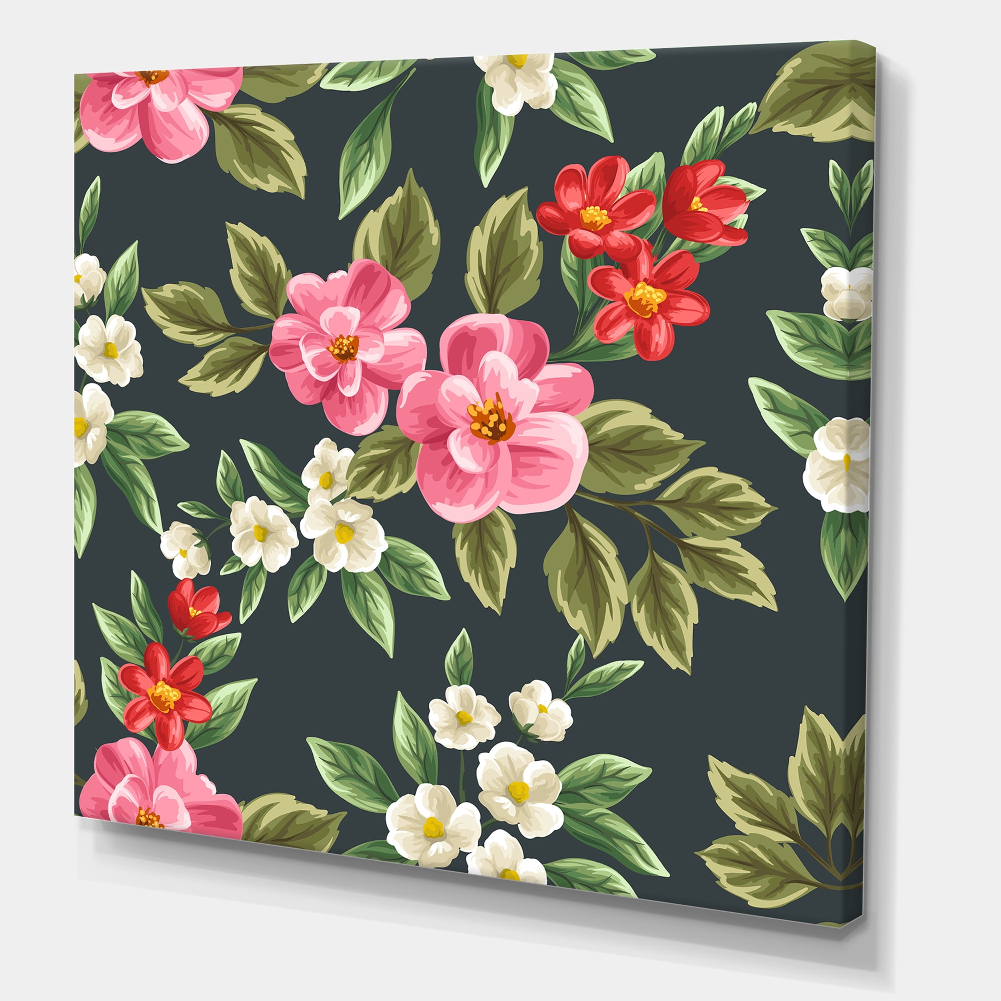 Designart ' Vintage Red and Pink Wildflowers II ' Traditional Canvas Wall Art Print