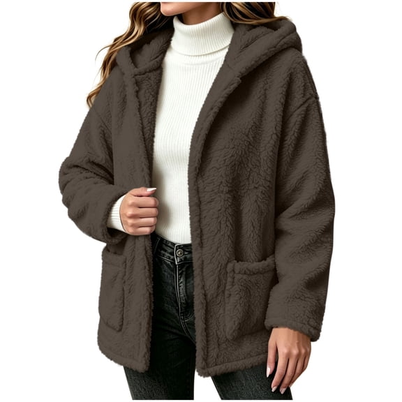 Fewfanhot Womens Clothes Fleece Sherpa Fuzzy Winter Warm Coat Hooded with Pockets Zip-Up Casual Top