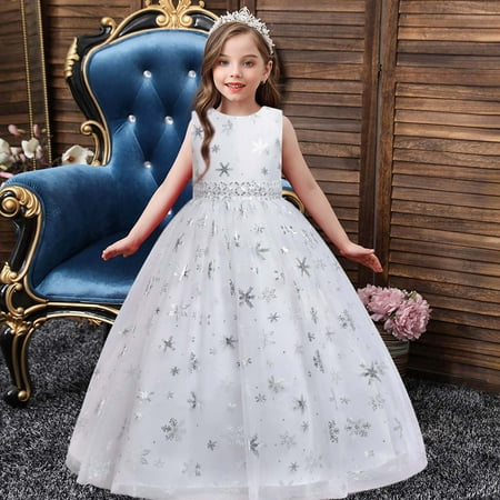 

Zpanxa Toddler Girls Princess Dress Little Girls Party Wedding Dress Snowflake Pattern Printed Net Yarn Long Dress Kids Pageant Flower Girl Sleeveless Dress White (9-10 Years)