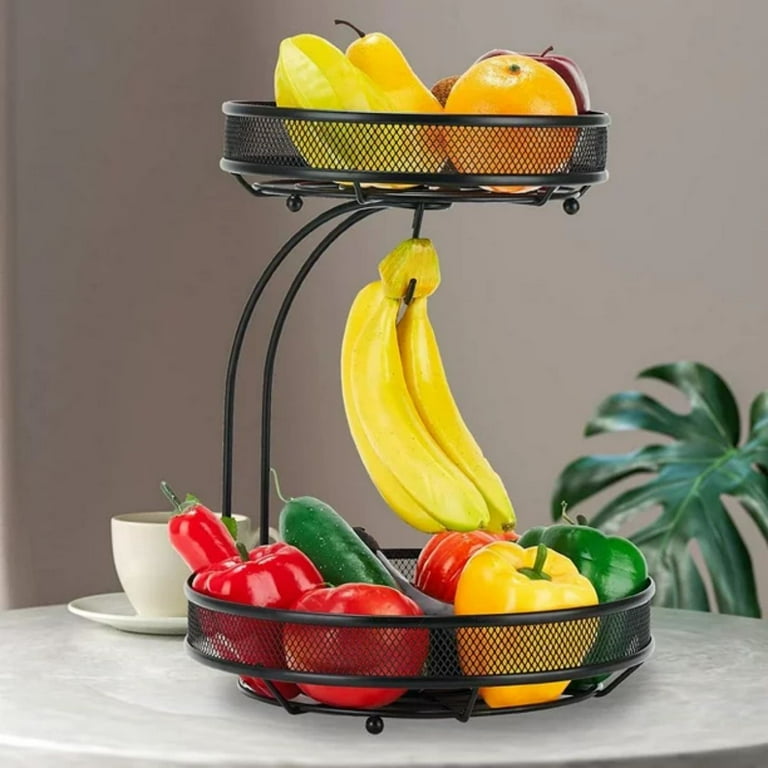 2-Tier Fruit Bowl with Banana Hangeruff0cDetachable Fruit Basket for  Kitchen Counter, Fruit Organizer for Kitchen, Office, Living Room and  Pantry, Black 