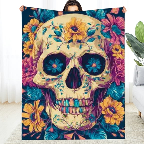 RKSupls New Year Throw Blanket, Sugar Skull Theme Soft Flannel Throw Blanket, Fuzzy Warm Cozy Christmas Blanket for Couch Bed Home Travel Decor, 30*40in
