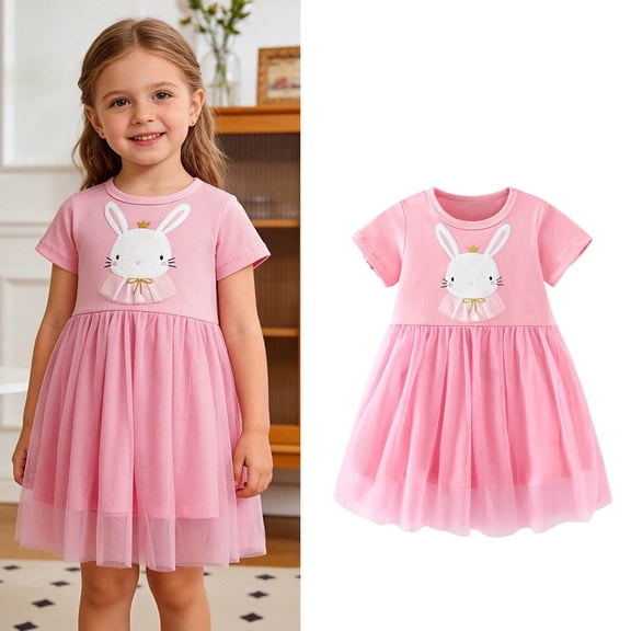 Toddler Easter Dress Girls Short Sleeve Bunny Embroidered Dress Tulle Mini Dress Cute Summer Dresses Girl Clothes Size 2-3 Years