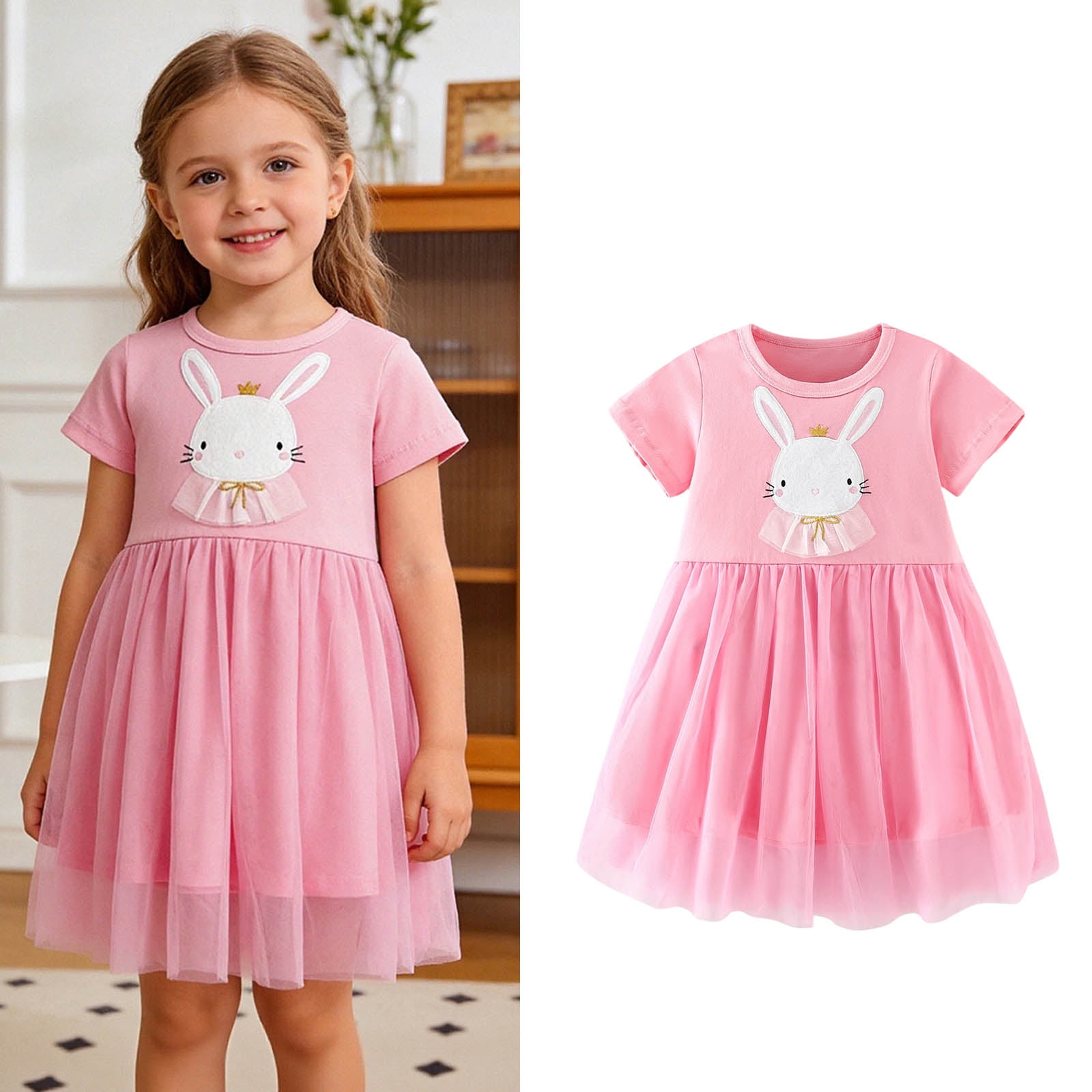 Toddler Girls Easter Dresses Short Sleeve Bunny Embroidered Dress Tulle Mini Dress Girl Spring Dresses Girls Size 3-4 Years Clothes