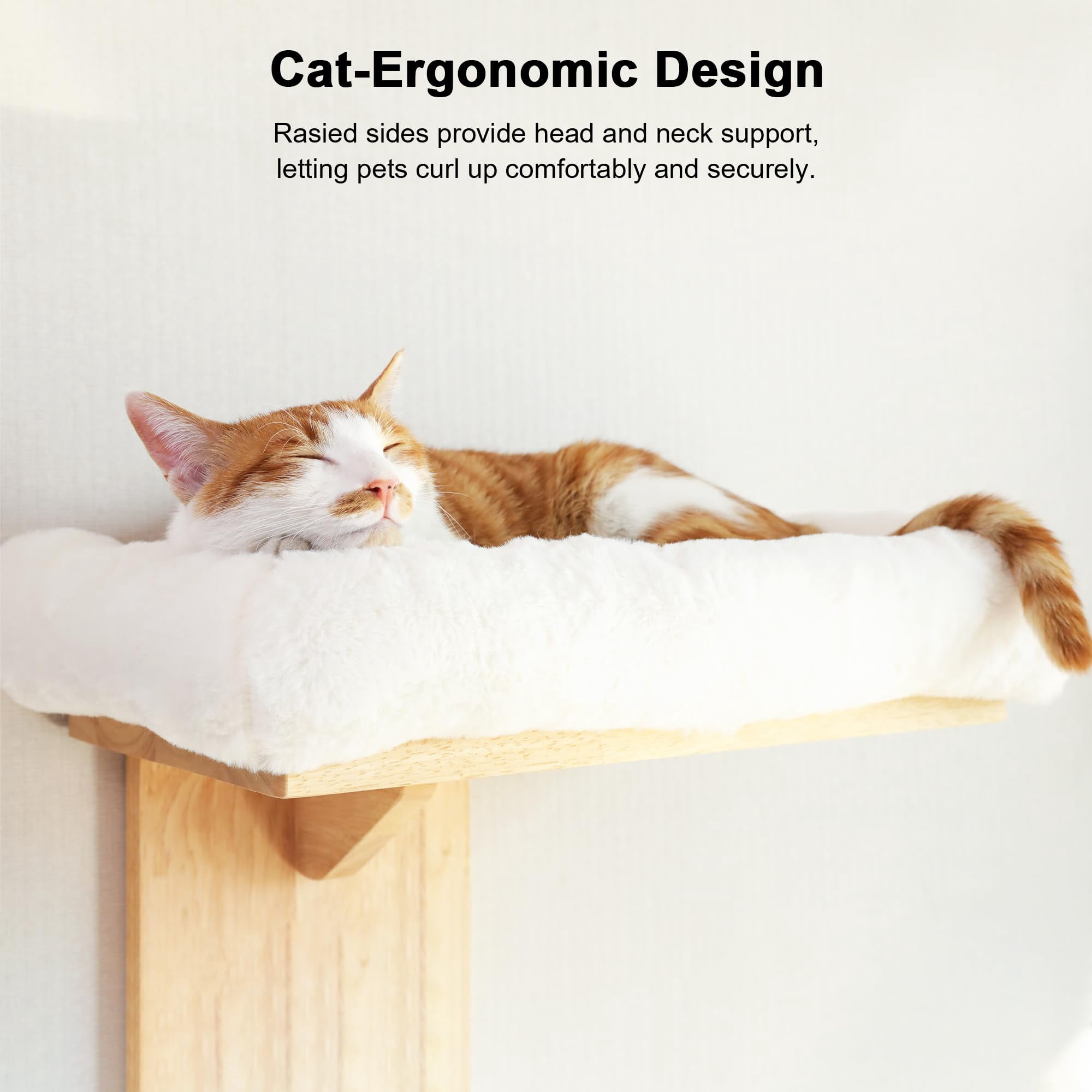 Cat Perch Solid Rubber Wood Wall Shelves With White Cushion, 2 Platform Tree Shape Cat Furniture