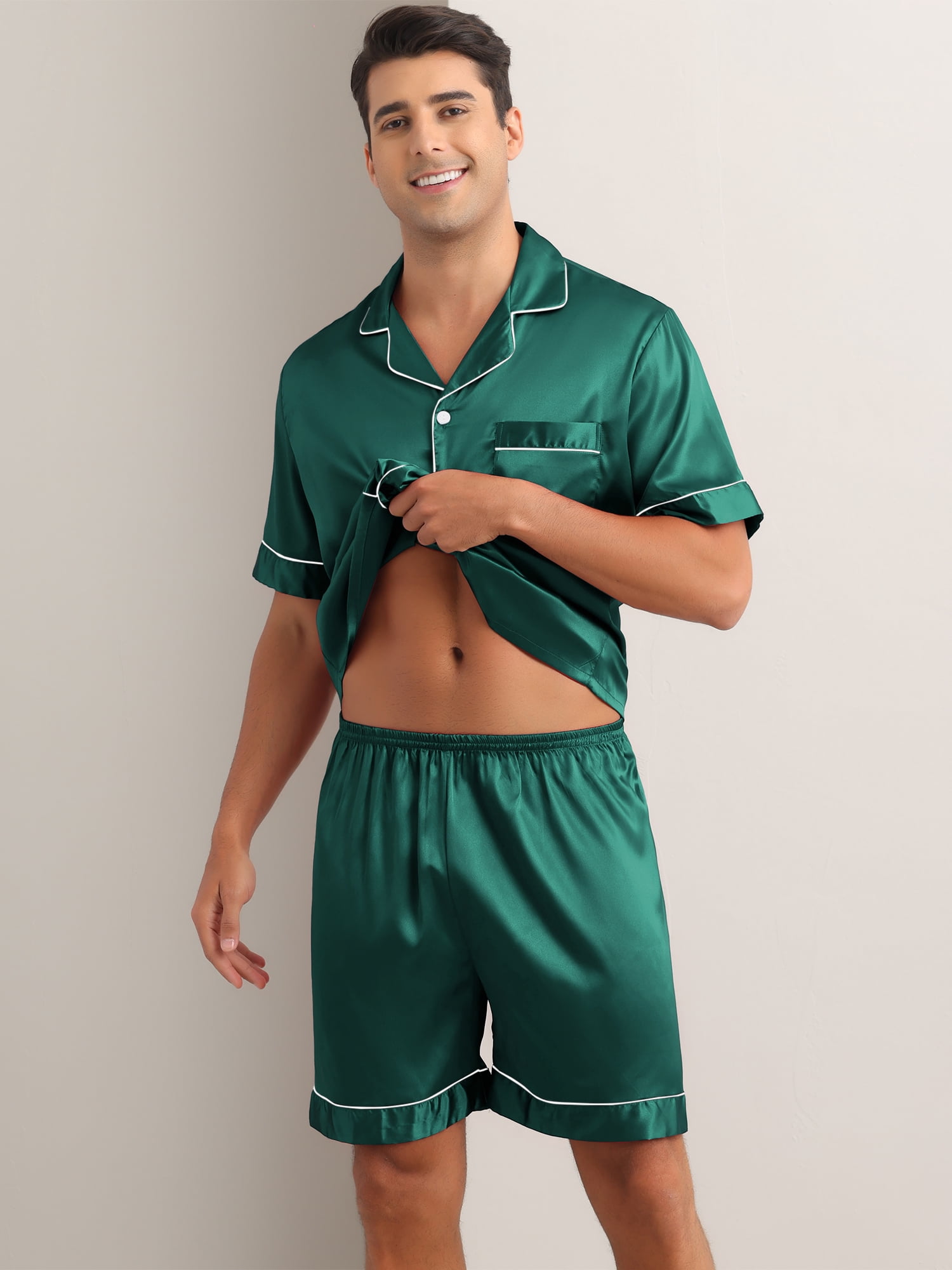 DARING DIVA Men's 2-Piece Satin Short Sleeve Nightwear Shorts Pajamas Set 2XL Green