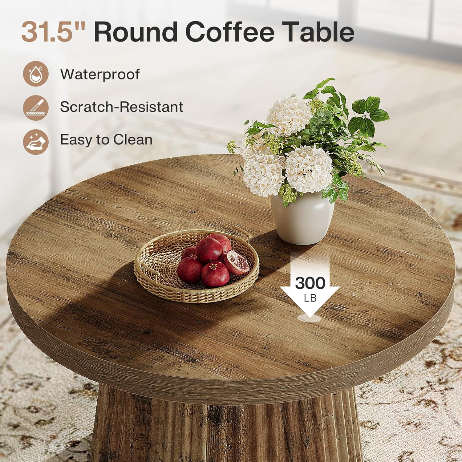 Finmind 31.5" Round Coffee Table, Farmhouse Drum Table with Fluted Base for Living Room, Brown